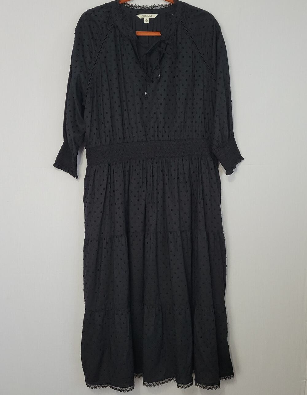 Pioneer Woman Split Neck Clip Dot Tiered Midi Dress size XL Black Boho Cottage